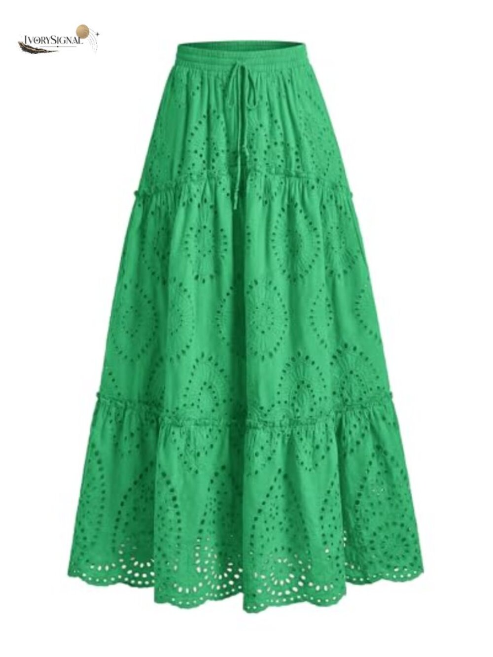 Eyelet Maxi Skirt Elastic Waist Tiered Ruffle A-Line Beach Vacation